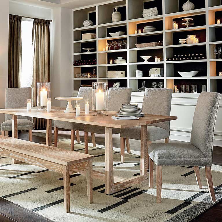 Dining room with wood dining table and upholstered chairs