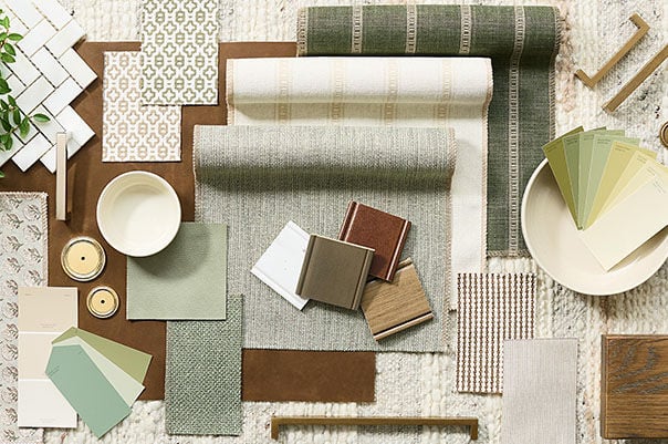 Chair and table by a fireplace