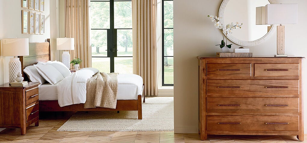 Heritage Bed with Wood Panel Headboard and Bedside Table
