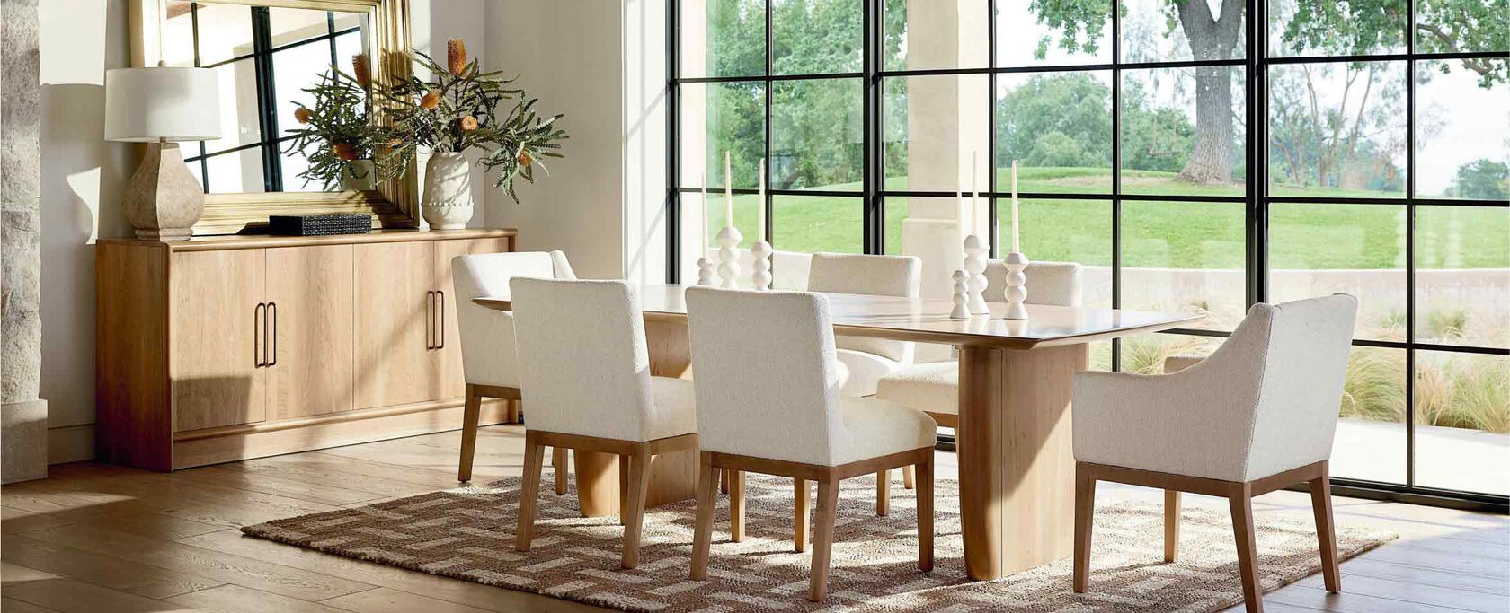 Dresden Dining Table with upholstered Holt Chairs