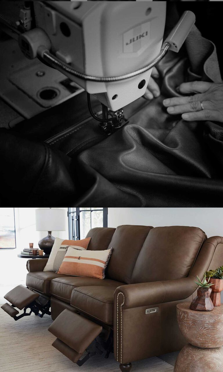 Split image of artisan sewing fabric and a leather upholstered sofa