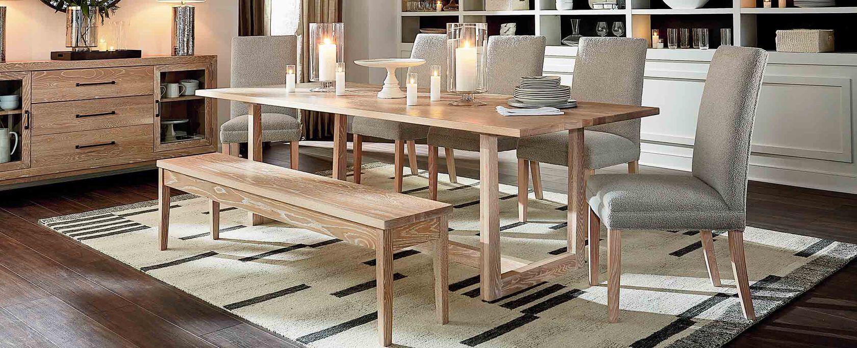 Wood dining table, bench with upholstered chairs