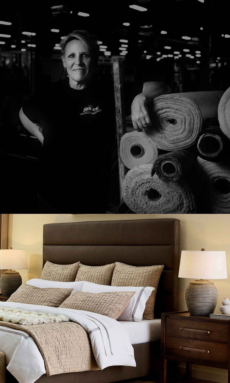 Split image of craftsman beside fabric rolls and upholstered bed