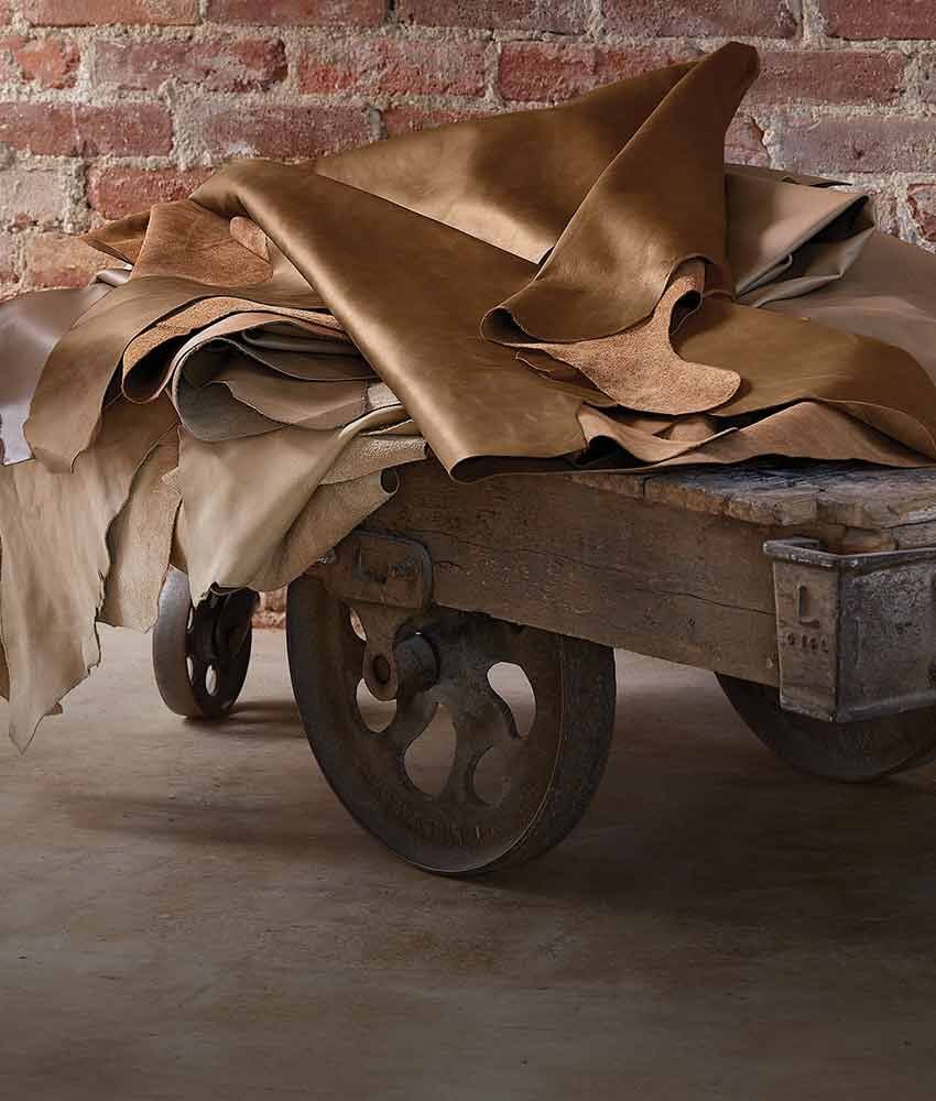 Leather stacked on display