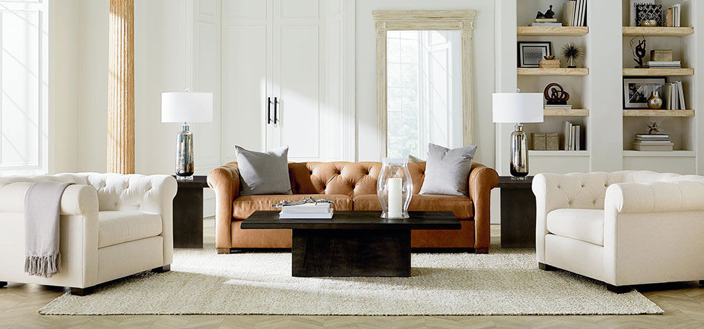 Living room with a tufted leather sofa