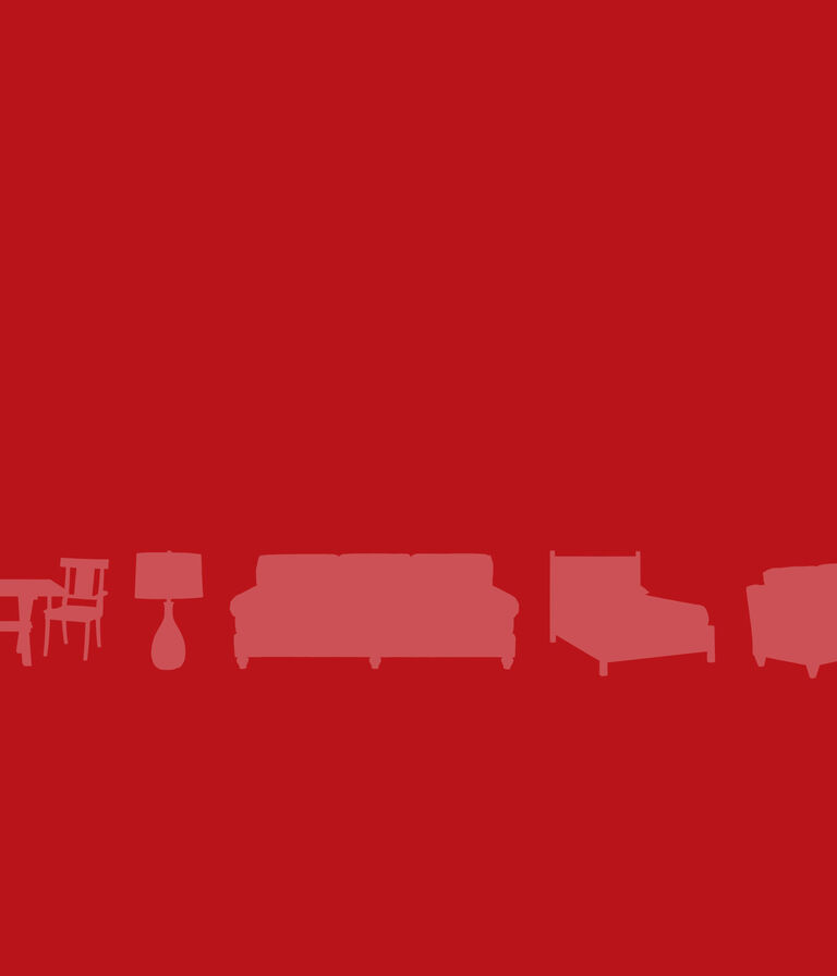 Red background with white silhouette furniture pieces