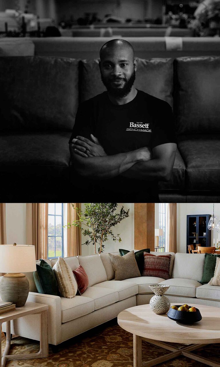 Split image of a craftsman and custom sofa  