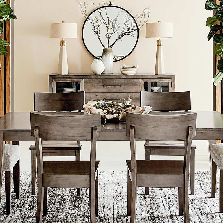 Wood dining table, wood dining chairs, and upholstered dining chairs