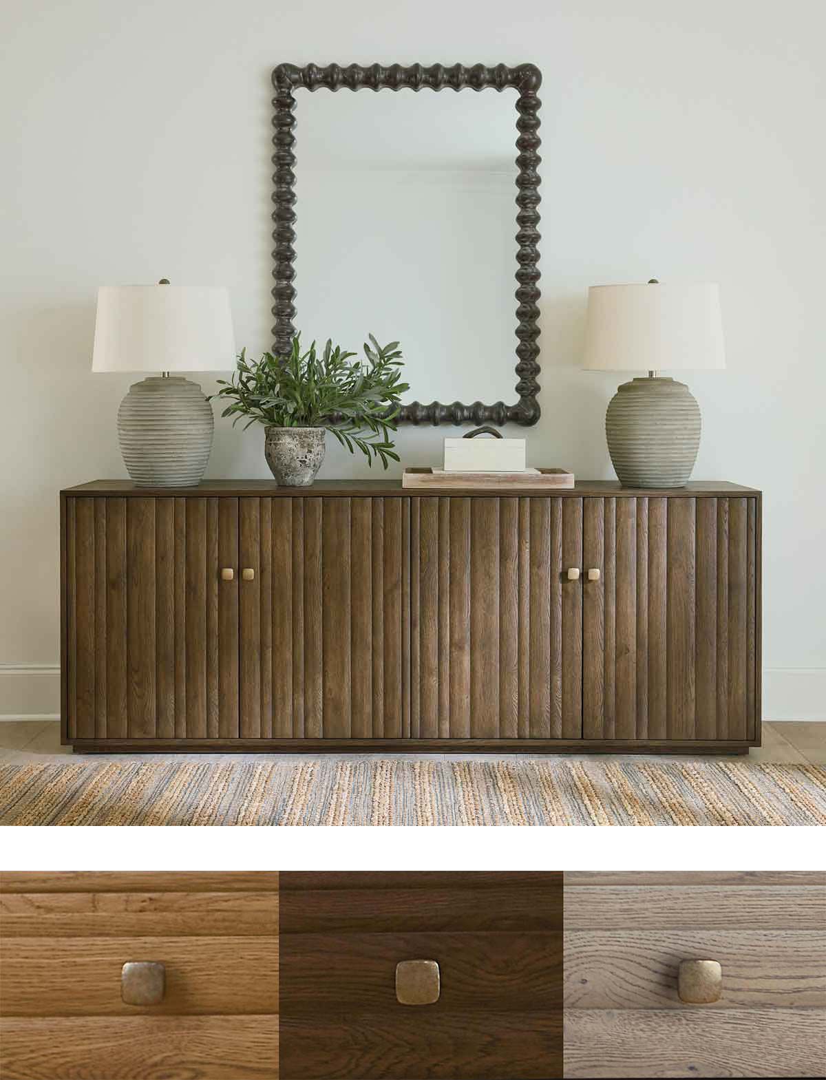 Andora credenza in room setting with finishes swatch below Andora credenza in room setting with finishes swatch below