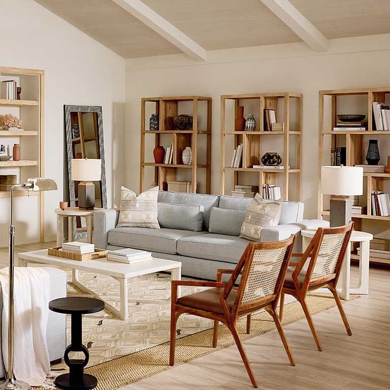 Living room with sofa, keller accent chairs and occasional tables 