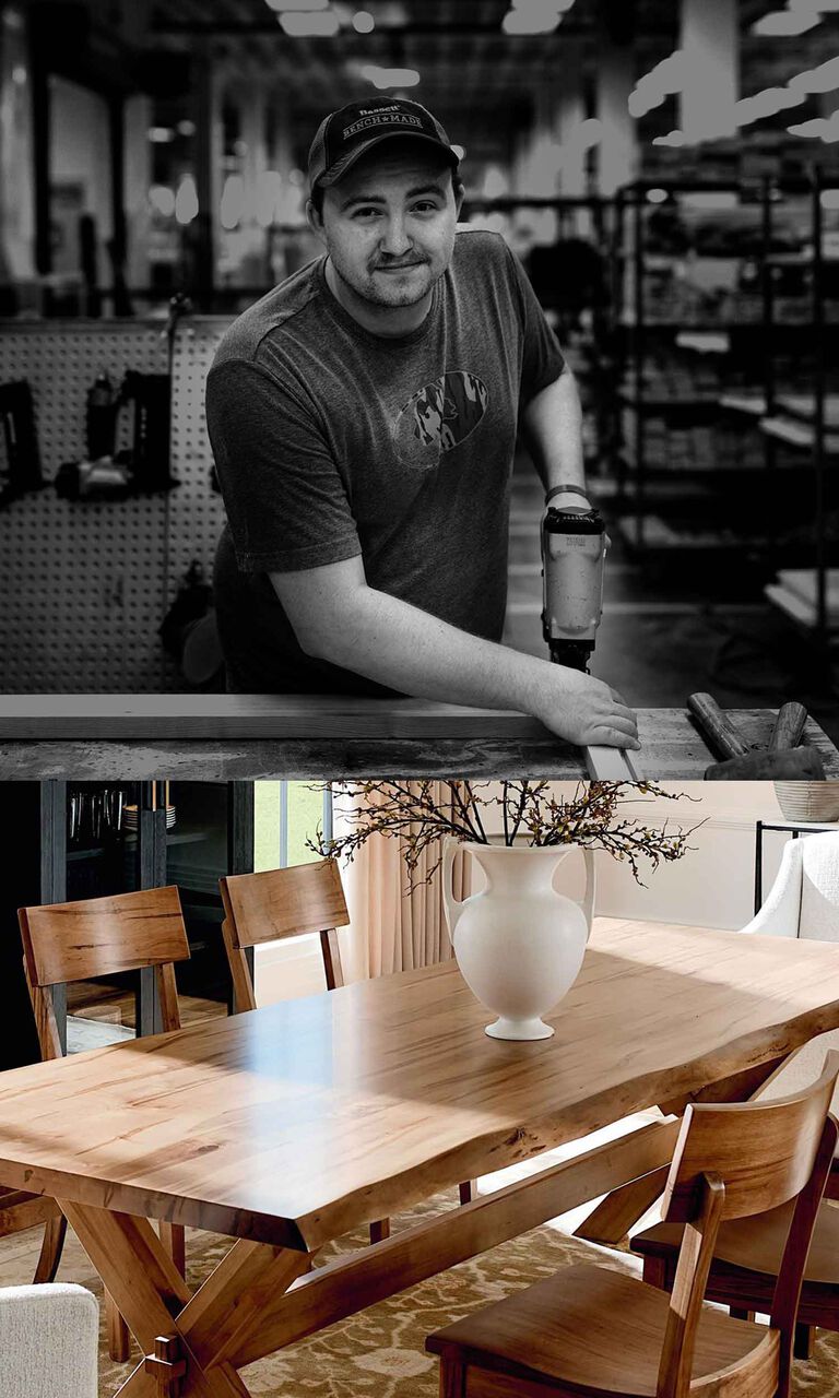 Split image of a craftsman and crossbuck table 