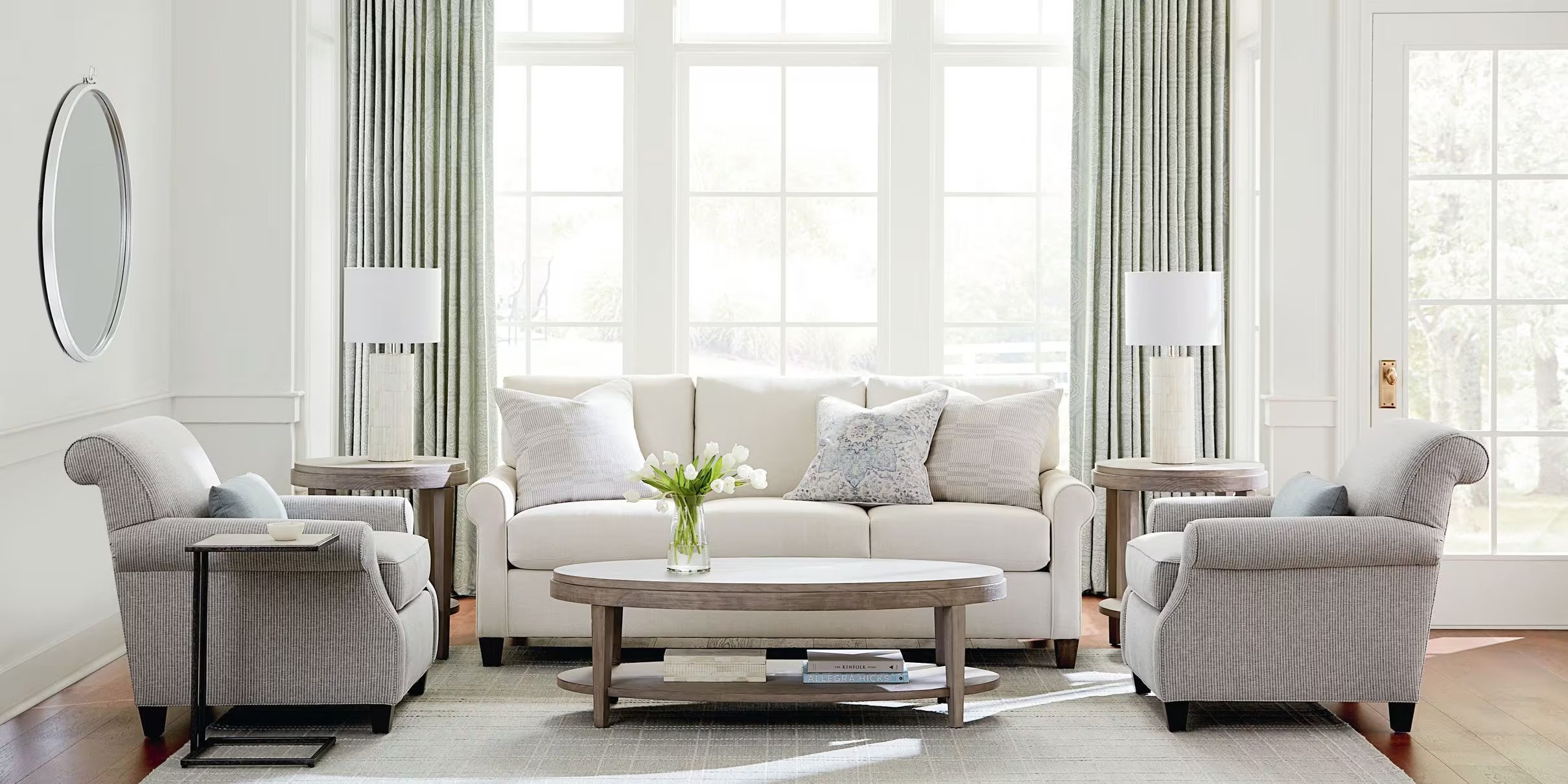 Julian Sofa in Neutral Tone with Accent Chairs and Occasional Tables