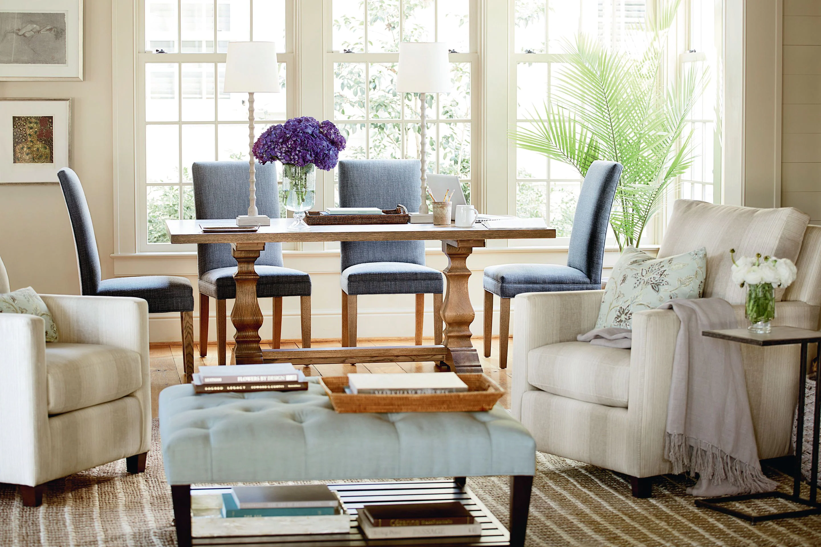 BenchMade Dining Table Shown in Great Room with Upholstered Dining and Accent Chairs