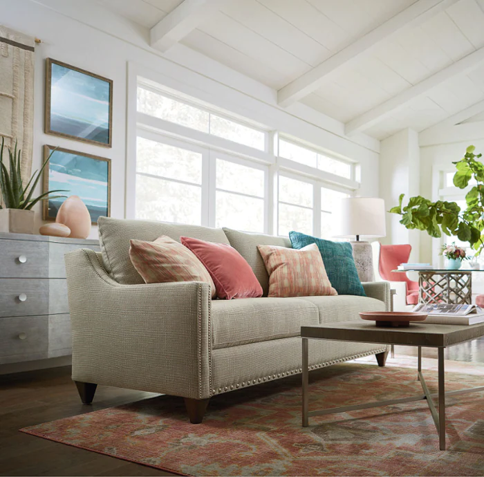 Bassett Custom Upholstery Slope Arm Sofa with Accent Pillows Bassett Custom Upholstery Slope Arm Sofa with Accent Pillows