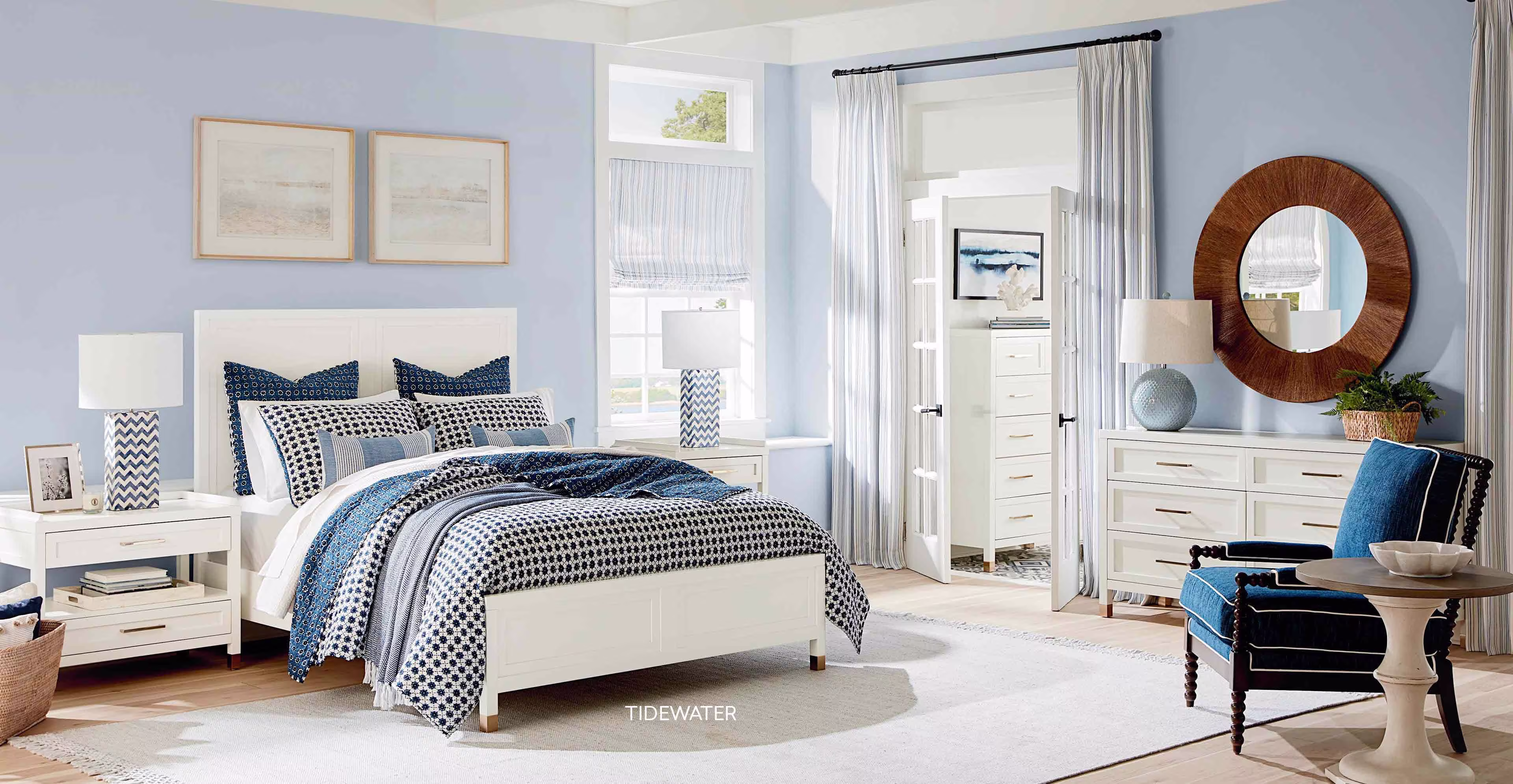 Tidewater Bedroom with Pippa Accent Chair and Blue Bedding Tidewater Bedroom with Pippa Accent Chair and Blue Bedding